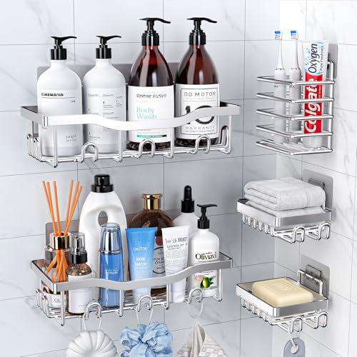 PKBD Rustproof Stainless Steel Shower Caddy 5 Pack, Bathroom Storage Accessory Shelf Organiser No Drilling Hanging, Soap Toothbrush Holder Set, Kitchen Wall Mounted Corner Decor, Silver