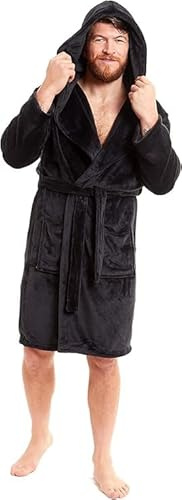 BLOOM BLENDS Mens Hooded Robe Super Soft Flannel Fleece Bathrobe Cozy Plush Dressing Gown Warm Apparel Luxury Lounge Wear for Men Bath Robes (UK, Alpha, One Size, Regular, Regular, L, Black)