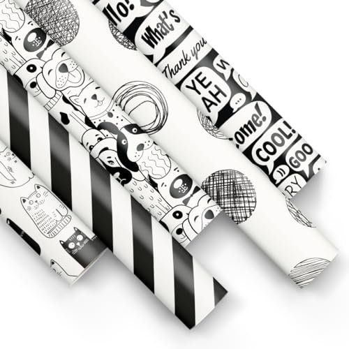 PAW - Papier Cadeau 200x70cm - 5 rouleaux | Mélange de 5 motifs | Emballage Cadeau élégant pour les anniversaires, mariages, baby showers, fêtes et cadeaux - Noir et blanc