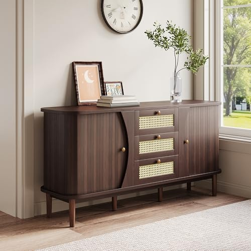 Easexcy Sideboard, Rattanschrank mit Schubladen, Kommode mit Schiebetüren ，140,5 L x 40 B x 76 H cm (Walnussfarbe)