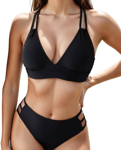 Femme Maillots Bain 2 Pièces, Col en V Push-Up Rembourré Bikini Set Sexy Taille Haute Maillots Deux Pièces Triangle Bikini Set (FR/ES, Alpha/Lettres, TG, Taille Normale, Taille Normale, Noir)