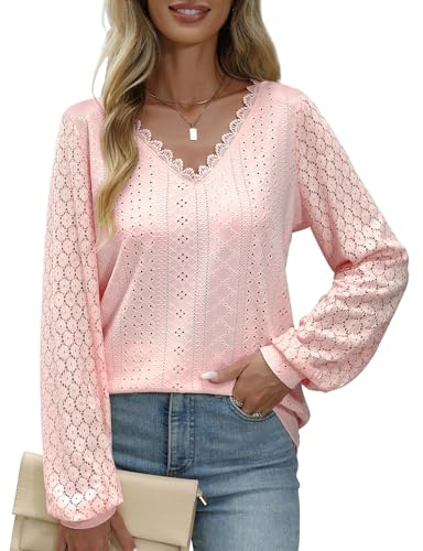 PASUDA Womens Tops Long Sleeve Ladies Blouses V Neck Casual Shirts Elegant Cutout Scalloped Lace Tunic Tops Fashion Dressy Loose Fit T Shirts(Pink,S)