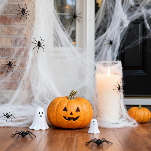 Rehecher Décoration toile d'araignée halloween – 200g Toiles Extensibles + 40 Araignées Artificielles Réalistes, Idéal pour Décorations d'Halloween Intérieur/Extérieur, Parfait pour Fêtes Maison Hanté