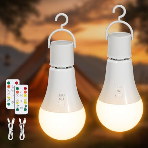 Kimjo E27 Rechargeable Light Bulb with Remote Control 2 Pack - 3 Color Temperatures Dimmable 7W Battery Operated Light Bulb with Hook Botton Control Timer - A19 Wireless Light Bulb for Lamp Camping