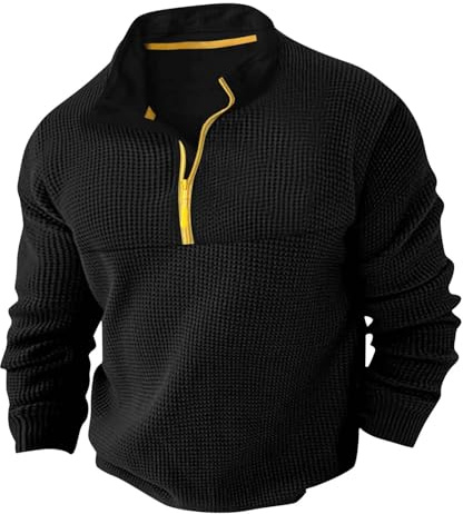 Jersey de trabajo para hombre, informal, cálido, para invierno, cuello alto, media cremallera, manga larga, camiseta deportiva, ajuste holgado, cómodo, elástico, para uso diario, Negro , S