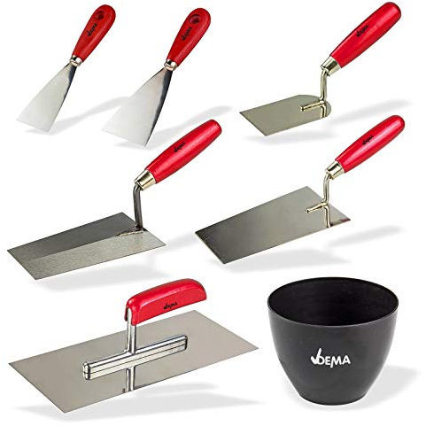 Maurer und Fliesenleger Set Kelle Trapez Spachtel Traufel Gipsbecher Set 7-teilig