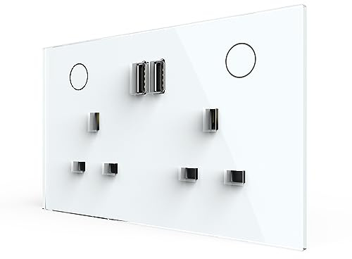 LIVOLO UK 13A Twin Socket USB-A Touch Glass Wall Plug White | Tempered glass panel, 2x10W USB-A charging ports, durable build, fingerprint-proof, easy to install