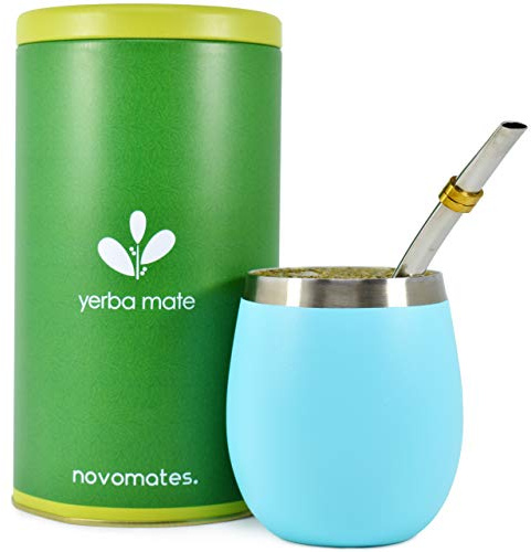 Novomates [New] Yerba Mate Cup - Best Yerba Mate Set - Double Wall Stainless Steel Yerba Mate Tea Cup with Stainless Steel Yerba Mate Straw + Yerba Container - Novomates Mate Cup 8oz (Teal, 237ml)