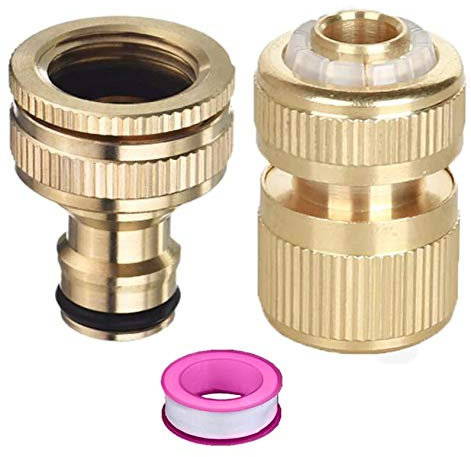 Kungfu Mall Lot de 2 connecteurs de robinet en laiton pour jardin, adaptateur de robinet à filetage femelle 2 en 1 de 1,27 cm et raccord de tuyau femelle de 1,27 cm avec ruban fileté cadeau