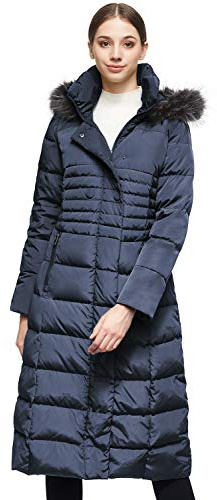 Orolay Women's Long Down Jacket with Faux Fur Trim Ladies Hooded Coat Quilted Padded Jacket with Raglan Sleeve Navy M