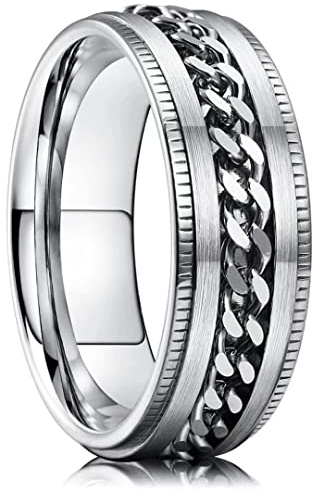 King Will Bague Homme en Acier Inoxydable 316L 8 mm – Anneau Tournant Argenté avec Chaîne, Durable, Comfort Fit, Bague Anti-Stress pour Homme et Femme 64.7 (20.6)