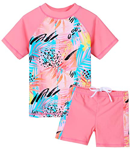 ZNYUNE Costume da Bagno Stampato per Bambina 2 Pezzi, Top a Maniche Corte + Pantaloncini, Protezione Anti-UV, Rash Guard, Protezione Solare UPF50+, pesca, 11-12 Anni