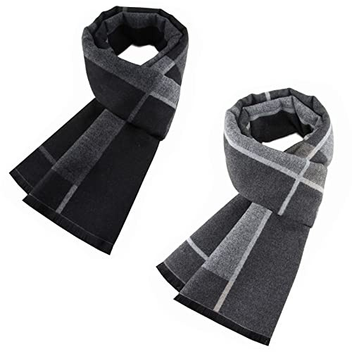 Pibupibu 2 Packs Cashmere Feel Men Scarf for Winter, Lattice Grid Plaid Stripe Argyle Windowpane Designs Selection Husband Father Gift (Assorted Rectangles/Black + Grey)