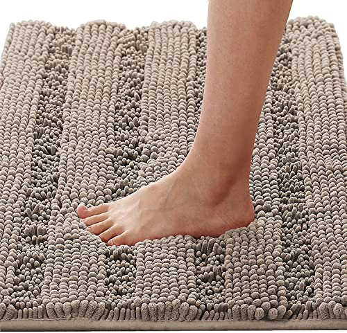 LINFKY Badematte rutschfest Luxus Chenille Gestreifte Badezimmerteppich Extra weiche und saugfähige Mikrofaser Hochflor Teppiche Schnelltrocknende Badvorleger Waschbar (Taupe,60 x 90 cm)