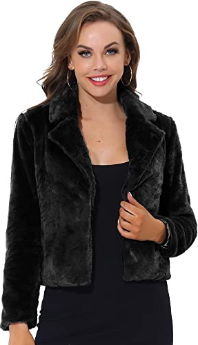 Allegra K Women's Cropped Fur Jacket Lapel Fluffy Cardigan Shrug 2026 Winter Short Faux Fur Coat Outfits Black S