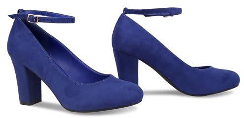 Bismaa Women High Block Heels Court Shoes Closed Toe Ankle Strap Wedding Pumps Dress Shoes (Navy Suede, UK_Footwear_Size_System, Adult, Women, Numeric, Medium, Numeric_5)