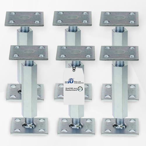 Pfostenträger höhenverstellbar (6 Stück) Boden/ Trägerplatte 80 x 80 x 5 mm Stützenfuß Stützfuß Bodenfuß Betonfuß mit Gewindemuffe verstellbar, Rechts-Linksgewinde