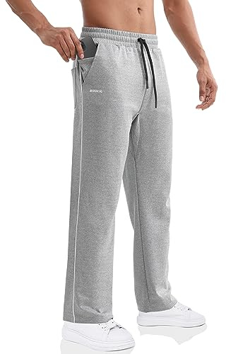 BROKIG Pantalon de jogging droit pour homme, pantalon de sport avec poches zippées, bas de survêtement pour course avec ourlet ouvert, gris clair, M