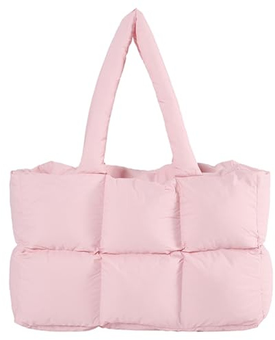 CRGANGZY Puffer-Umhängetasche for Damen, einfarbig, gesteppt, ästhetisch, bauschige Taschen, große Kapazität, weiche Wolken-Einkaufstasche, trendige Pendlertaschen (Rosa)