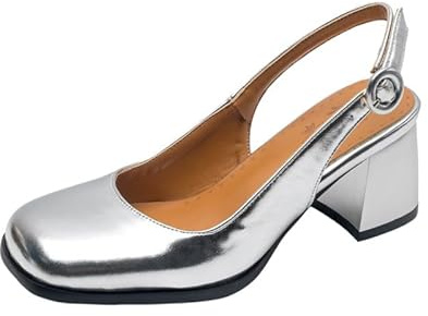 Pelle verniciata punta quadrata fibbia cinturino donna scarpe tacco a blocco tacco medio con 6 cm décolleté per donne grandi dimensioni Z034s36T, argento, 40 EU