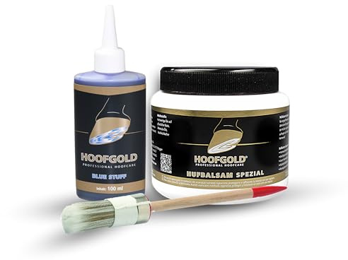 HOOFGOLD Set Hufbalsam Spezial & Bluestuff, effektive Strahlfäule Pferd Mittel, Huffett Pferde Hufpflege trockene Hufe und Hufspalten, Pferdepflege Huföl Oel Balsam 500 ml Hufbalsam & 100 ml BlueStuff