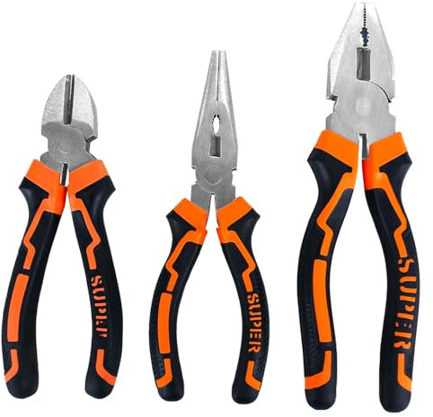 Alicates Electricista 3 Piezas - Juego de Pinzas Multiusos, Punta Fina y de Presión - Herramientas Para Profesionales del Bricolaje DIY y Reparación