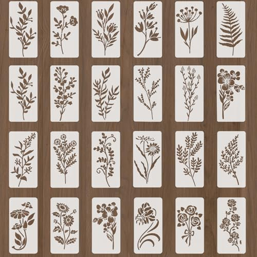 24 Stück Blumen Schablone Wiederverwendbare Schablonen, 15 X 7,5 Cm Malschablonen DIY Vorlagen Malerei Schablonen Set Zum Malen Auf Holz, Kräuter, Essentielle Kunstschablonen Für Erwachsene Kinder