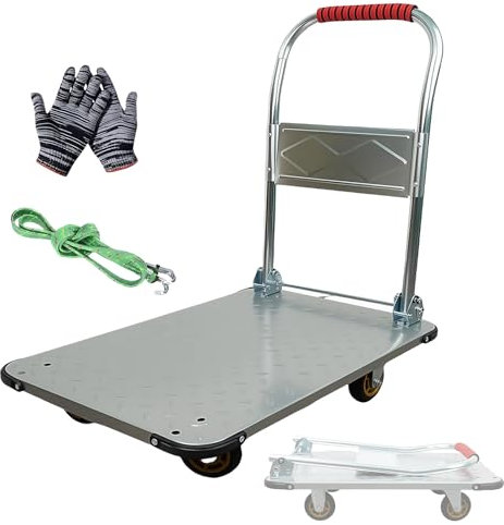 WUDLEP 425kg Capacity Metal Heavy Duty Platform Truck Cart, Flatbed Cart Folding Hand Trucks, with 4 Swivel Casters, A Pair of Gloves and a Rope, Foldable for Easy Storage (70 * 45cm)