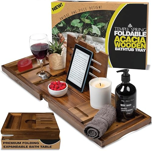 Temple Spring Vassoio da Bagno Pieghevole in Legno di Acacia, Mensola Estensibile per Vasca, Tavola Spa per Adulti, Caddy da Vasca, Set Accessori Bagno in Legno – Non in Teak