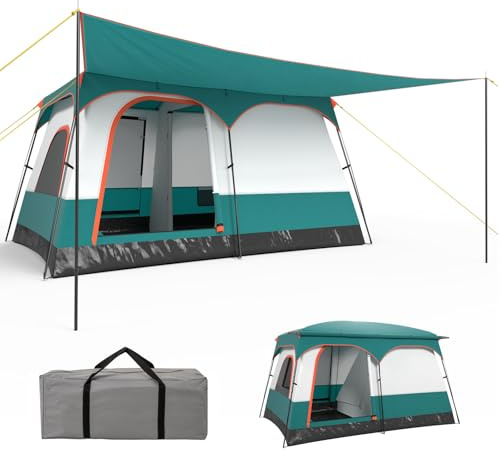 GYMAX Tente Camping Grande avec Auvent, 2 Chambres Séparées, Toit de Lucarne, Bâche Anti-Pluie Amovible, Portes et Fenêtres Enroulable, pour Extérieur Pique-Nique