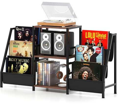 COSTWAY Record Player Stand, Vintage Vinyl Record Storage Cabinet with 3-Tier Open Shelves and 6 Vinyl Holder Racks up to 280 Albums, Industrial Turntable Stand End Side Table for Living Room Bedroom