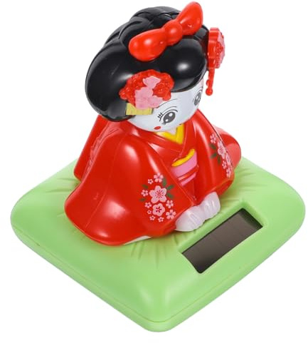 OFFIGAM Poupée Kimono Rouge à Énergie Solaire pour Décoration Voiture et Bureau Tête Secouante en Plastique, Ornement Cartoon Compact et Charmant