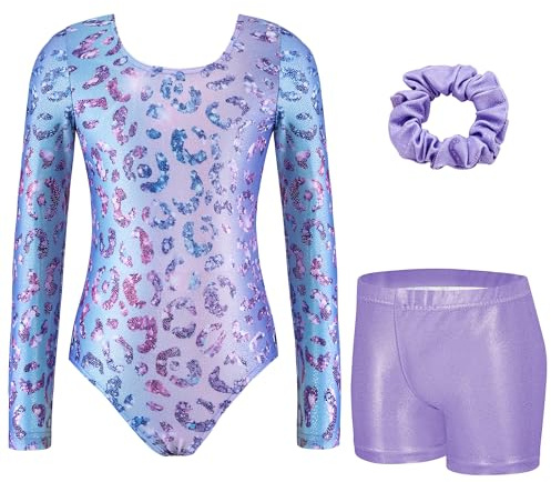 Arshiner flicka tredelad gymnastikdräkt långärmad barn gym kostym med byxor hårband akrobatik kostym glittrande balett danströja unitard, leopard, 9-10 år