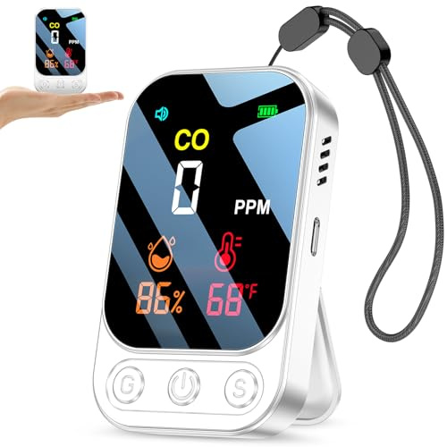 Détecteur de monoxyde de Carbone Rechargeable YOJOCK, avertisseur CO Portable 3-en-1 (monoxyde de Carbone, température, humidité), pour Maison, Camping et Caravane（Blanc）