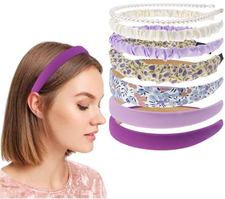 Kotkiddy Paquete de 7 diademas de pelo para mujeres y niñas de color lila, bandas para el pelo de moda antideslizantes y suaves, diademas con perlas, nudo y acolchado, pa