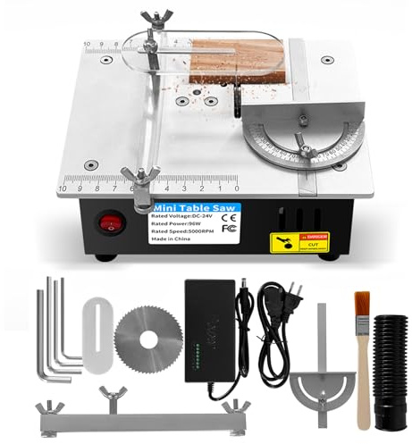 Sierra de mesa 96 W, mini sierra circular sobre mesa 5000 rpm/min ángulo ajustable profundidad de corte 15 mm, 7 velocidades ajustables, 1 cuchilla, hoja de corte multimaterial corte madera metal