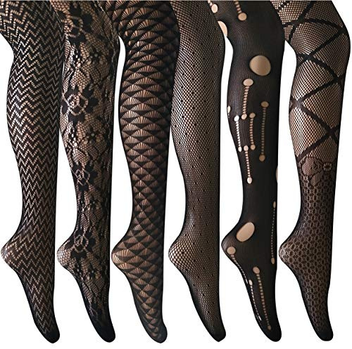 ANDIBEIQI Collants Bas Résille 6 Paires Femmes Hollow Collant extensible filet élastique confortable noir/motifs