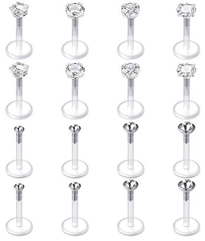 Mayhoop 16G 16Pcs Tragus Earrings Lip Rings Labret Studs Jeweled Cartilage Helix Earrings Flexible Clear Bar Medusa Piercing Retainer 6mm 8mm for Women Men