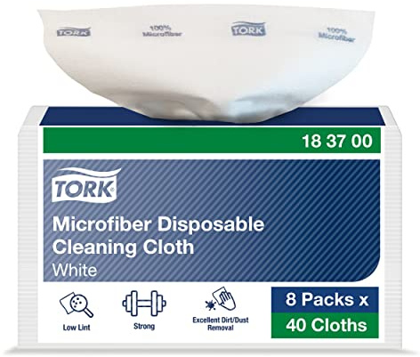Tork Microfiber Disposable Cleaning Cloth White with Blue Print, Dry and Wet Use, 8 x 40 (320) cloths, 183700