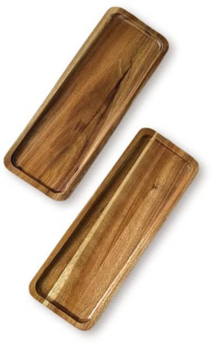 Serveringsbricka i trä, träfat set med 2 akacia 28 x 10 cm rektangulära dekorativa träplattor för servering av mat efterrätt förrätt fingermat ostbrädor frukt kaka badrum sminkbord träbrickor