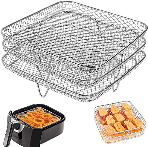 Air Fryer Rack Square Three Layers Stackable Dehydrator Racks Stainless Steel Air Fryer Basket Tray Air Fryer Accessories Fit for 5.8QT Air Fryer and All Square Air Fryer