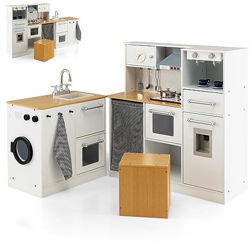 HONEY JOY Kids Kitchen Playset, 2-Piece Modular Wooden Corner Toy Kitchen Set/Washing Machine & Sink, Coffee Maker, Range Hood & Stove, Stool, Little Chef Pretend Play Kitchen for Toddlers, Natural