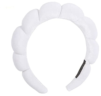 Ycfish Puffy Makeup Headband Spa Headbands for Women Sponge & Terry Towel Cloth Fabric Cute Skincare Headband for Face Washing, Makeup Removal, Shower, Facial Mask (White)