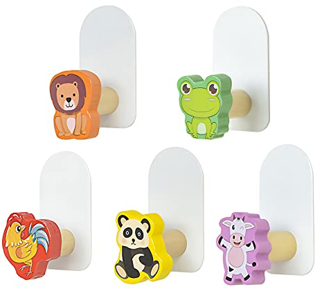 5 Stück Klebehaken aus Holz, Tiere Kleiderhaken für Kinder, Kindergarderobe Selbstklebend Ohne Bohren, Garderobenhaken Wandhaken für Kinderzimmer