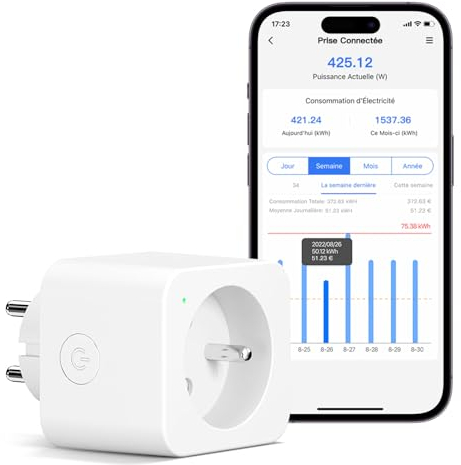 Meross Prise Connectée (Type E), 16A Prise WiFi Compatible avec Alexa et Google Home, Prise Consommation Électrique Intelligente avec Commande Vocale, Contrôle à Distance et Configuration Bluetooth