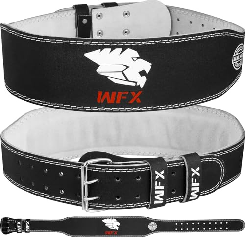 WFX Leather Weight Lifting Belt Gym Body Building Fitness Heavy Duty 10 Adjustable Holes 4” Padded Lumbar Back Support Bodybuilding Weightlifting Powerlifting Squats Strength Workout (L, Black)