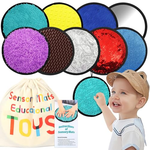 Upgraded 9 Pcs Sensory Mats with Gift Package, Mixed Textured & Colors Sensory Toys for Kids with Autism, Sensory Fidget Montessori Toys for Babies, Toddler Learning Educational Kids Gifts (8.3 Inch)