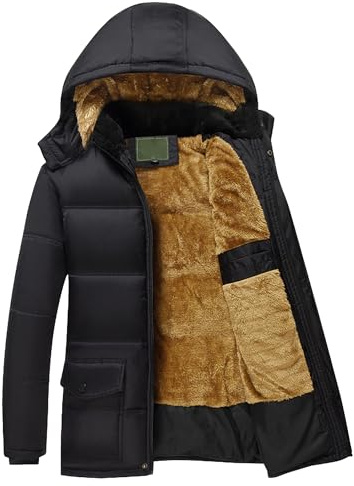 ZDJSWJ Män förtjockning lång dunjacka varm dragkedja avtagbar huva parkas tjock passform - vind förtjockad dunjacka, svart, L
