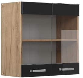 Vicco Küchenglasschrank R-Line, Schwarz Hochglanz/Goldkraft Eiche, 60 cm