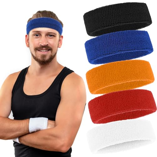 Ymapinc 5 Stück Schweißband Stirn Damen Atmungsaktives Stirnband Herren Schweißabsorbierendes Sport Haarband Herren Stirnbänder Schweißbänder Kopf Stirn Frottee für Fußball Tennis Laufen